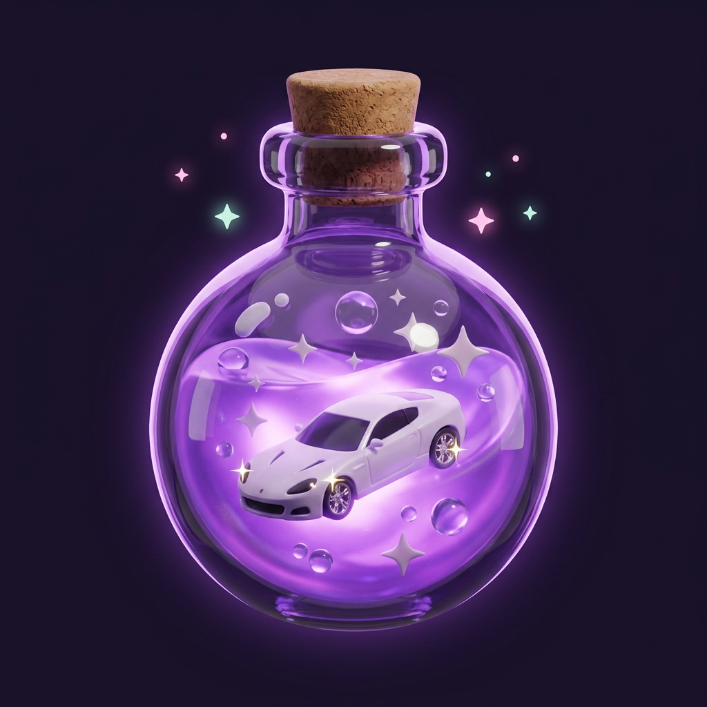 Lektvar Alchemy Detail — fialová lahvička s autíčkem uvnitř